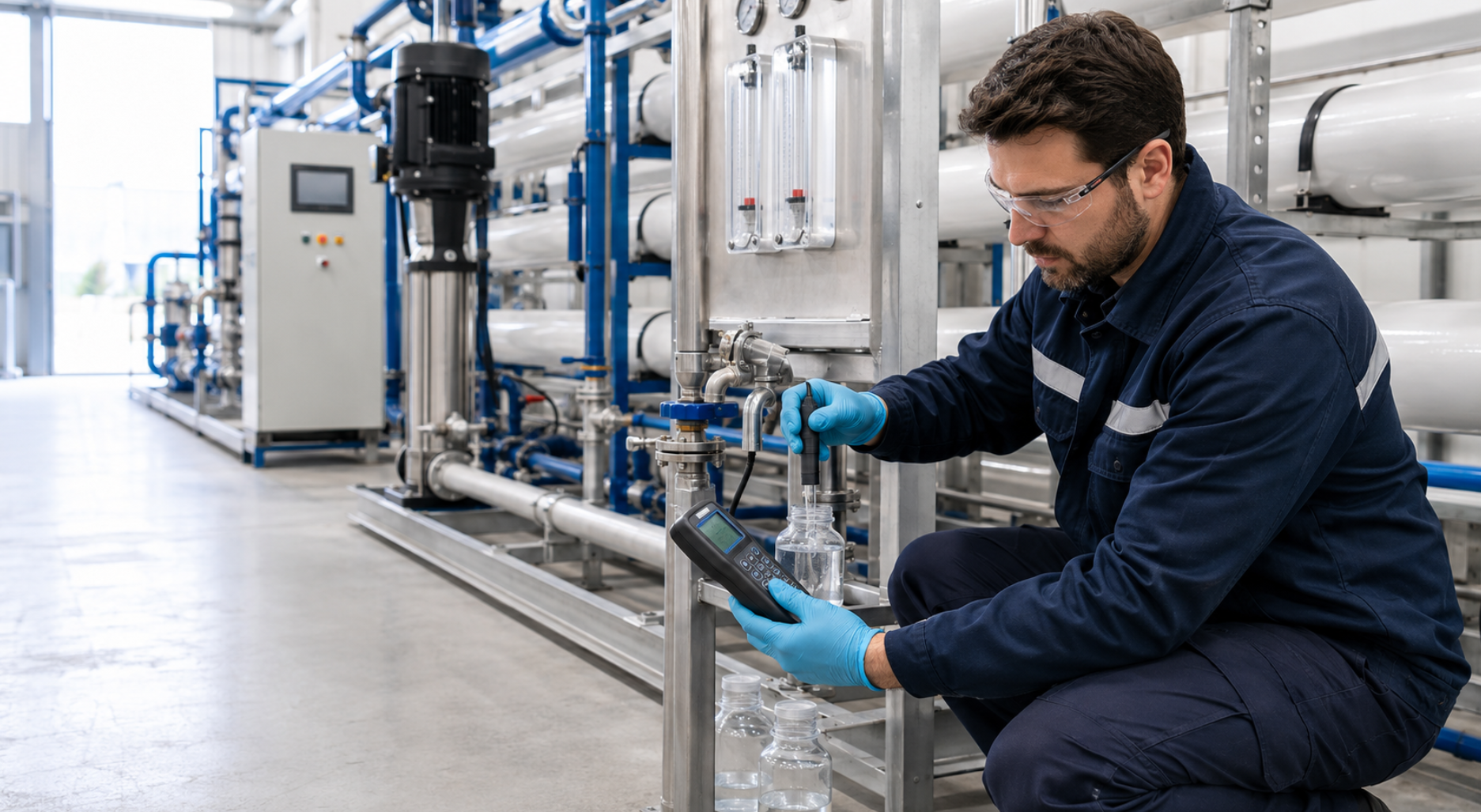 Engineer testing RO feedwater quality in an industrial reverse osmosis system